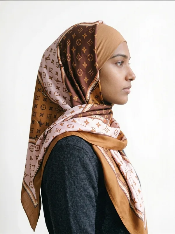 Portrait de profil avec un voile imprimé marron et beige